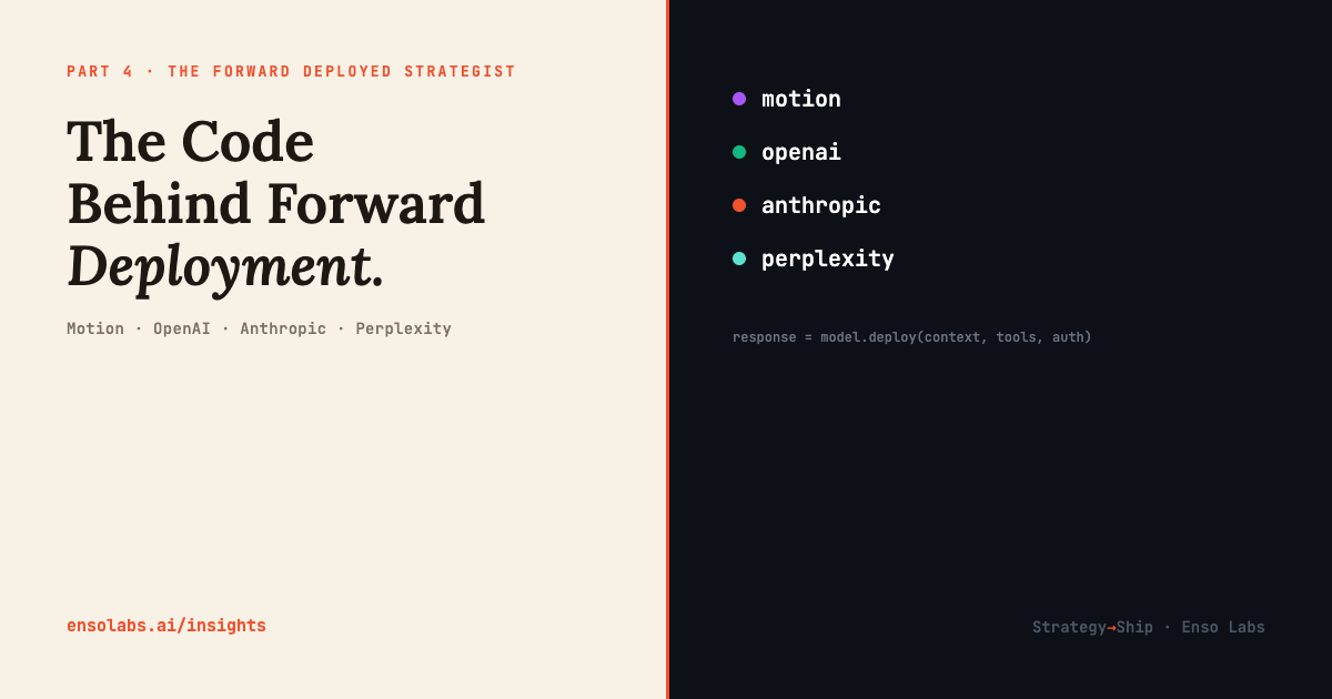 The Code That Ships. The Models That Run It. What Forward Deployment Actually Looks Like Inside Motion, Anthropic, OpenAI, and Perplexity.